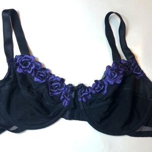 Delta Burke Black Bra with Purple Floral Embroidery